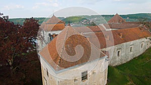 Aerial view of Svirzh castle near Lviv, Ukraine. Lake and surrounding landscape at sunset. Shooting with FPV drone