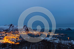 Aerial view of Svolvaer in evening twilight