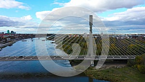 Aerial View of Swietokrzyski Bridge over the Vistula river in Warsaw, Poland