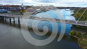 Aerial View of Swietokrzyski Bridge over the Vistula river in Warsaw, Poland