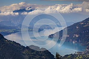 Aerial view of Swiss Alps and Lake Thun at dramatic sunset, Interlaken