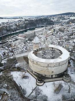 Aerial view of the Swiss old town Schaffhausen in winter, with the medieval castle Muno