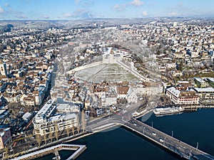 Aerial view of the Swiss old town Schaffhausen in winter, with the medieval castle Munot