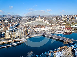 Aerial view of the Swiss old town Schaffhausen in winter,