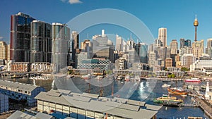 Aerial view of Sydney buildings and skyscrapers from Darling Harbour on a beautiful sunny day, New South Wales, Australia