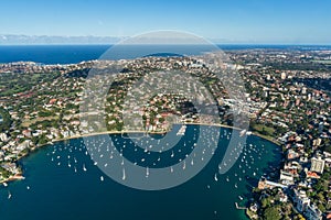 Aerial view of Sydney darling Point coastal suburbs with double Bay with yachts