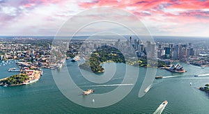 Aerial view of Sydney Harbor, Downtown Skyline and Royal Botanic