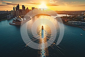 Aerial View of the Sydney Skyline at Sunset, Overhead view of Sydney\'s iconic harbor during sunset, AI Generated