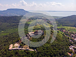 Aerial view from Szigliget castle during the day, in the background Badacsony hill, in the Balaton Uplands lies in a beautiful
