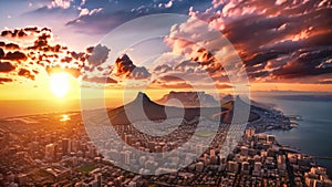 Aerial view of Table Mountain at sunset, Cape Town, South Africa, Aerial panoramic view of Cape Town cityscape at sunset