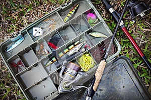 Aerial view of tackle box on the ground