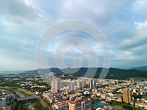 Aerial view of Taichung city Beitun District skyline horizon in sunset time