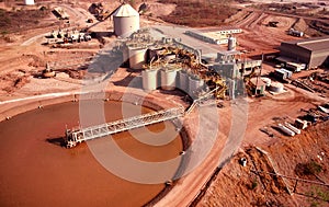 Aerial view of the tailings dam and processing plant of a Gold mine