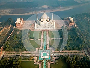 Aerial view of Taj Mahal in Agra India covered with morning fog
