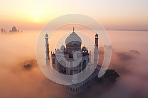 Aerial view of Taj Mahal in the Indian city of Agra, Uttar Pradesh. Morning fog. Sunrise. Generative Ai