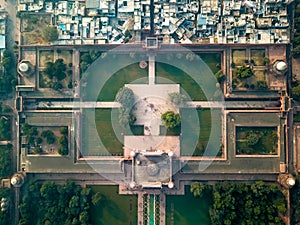 Aerial view of Taj Majal in Agra India covered with morning fog