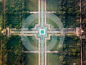 Aerial view of Taj Majal in Agra India covered with morning fog