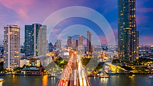 Aerial view of Taksin Bridge with Chao Phraya River, Bangkok Downtown, Thailand, Financial district and business center skylind photo