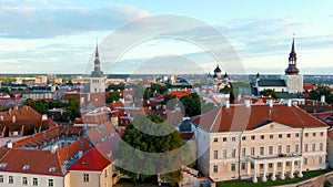 Aerial view of Tallinn Old Town and Toompea hill on a summer evening, Estonia