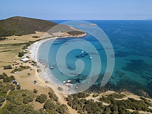 Aerial view of Tamarone beach, Plage de Tamarone, Cap Corse peninsula, Macinaggio, Corsica, France photo