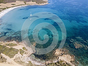 Aerial view of Tamarone beach, Plage de Tamarone, Cap Corse peninsula, Macinaggio, Corsica, France photo