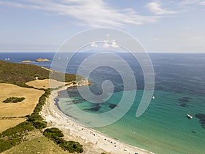 Aerial view of Tamarone beach, Plage de Tamarone, Cap Corse peninsula, Macinaggio, Corsica, France