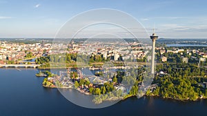 Aerial view of Tampere city. Beautiful summer day. Blue sky.