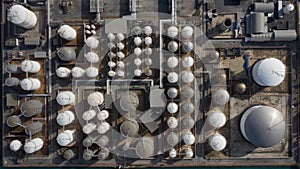 Aerial view of tank terminal with lots of oil storage tank and petrochemical storage tank in the harbour, Industrial tank storage