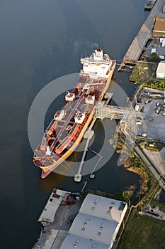 Aerial view of tanker in port