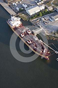 Aerial view of tanker in port