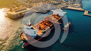 Aerial view of tanker ship vessel unloading at port, Business import export oil and gas petrochemical with tanker ship