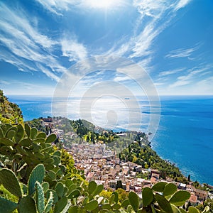 Aerial view of Taormina, east coast of Sicily, Italy