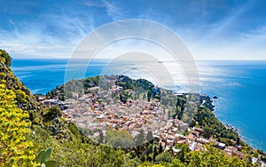 Aerial view of Taormina, east coast of Sicily, Italy