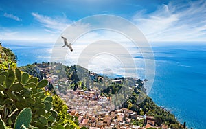 Aerial view of Taormina resort town located in Metropolitan City of Messina, on east coast of Sicily island, Italy