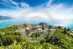 Aerial view of Taormina resort town located in Metropolitan City of Messina, on east coast of Sicily island, Italy