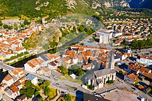 Aerial view of Tarascon-sur-Ariege with Church and castle tower