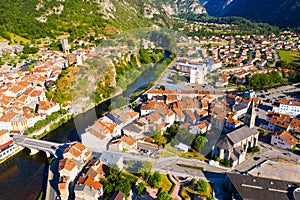 Aerial view of Tarascon-sur-Ariege with Church and castle tower