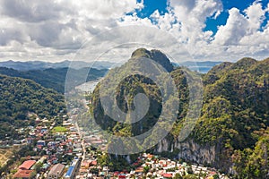 Aerial view on Taraw cliff over El Nido town in Palawan island, Philippines.