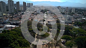 Aerial view of Taubate from Santa Terezinha square, with the mantiqueira mountain range in the background, on a sunny