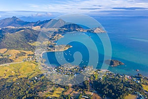 Aerial view of Taurikura bay in New Zealand