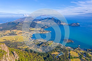 Aerial view of Taurikura bay in New Zealand