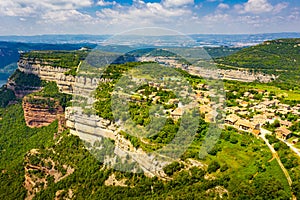 Aerial view of Tavertet town on edge of cliffs, Spain