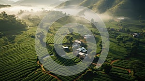 Aerial view of tea plantation is foggy in the morning, vietnam. Generative Ai