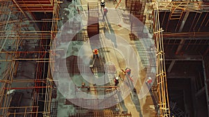 In this aerial view, a team of experts inspects a commercial building and skyscraper construction site. The Real Estate Project is