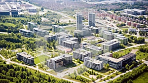 Aerial view of a technology park with modern office buildings