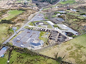 Aerial view of Teelin visitor centre and Camping Site in County Donegal, Ireland