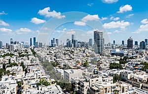 Aerial view of Tel Aviv City with modern skylines and luxury hotels against blue sky at the beach near the Tel Aviv port in Israel