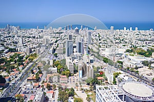 Aerial view of tel aviv skyline with urban skyscrapers and blue sky, Israel