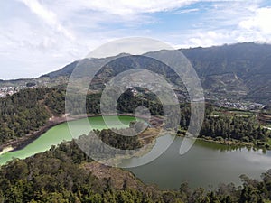 Aerial view of Telaga Warna lake in Dieng Wonosobo, Indonesia