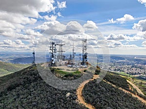 Aerial view of telecommunication antennas on the top of Black Mountain in Carmel Valley, SD, California